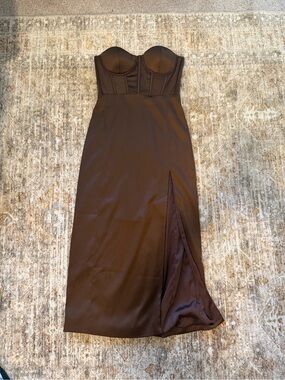 Meshki Chocolate Brown Strapless Bustier Maxi Dress with Front Slit